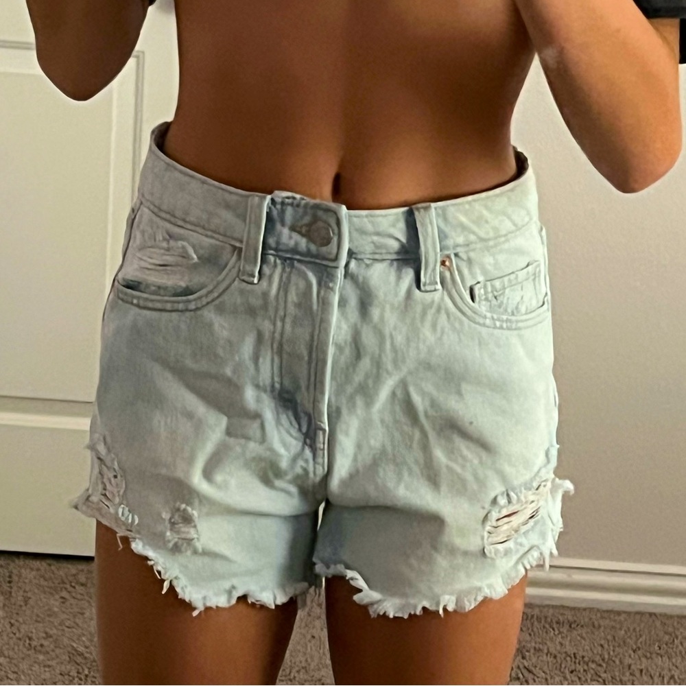 high rise light washed denim shorts
